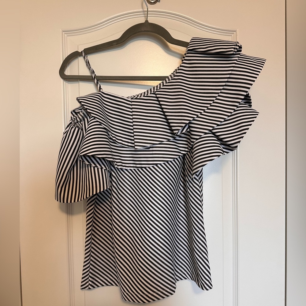 Aqua one should ruffle sleeve top. Striped black and white.